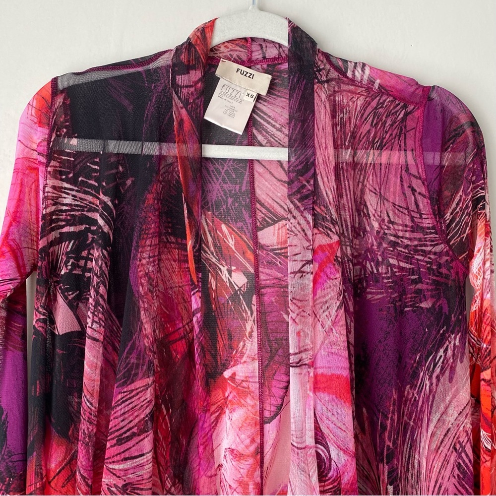Fuzzi Sheer Astract Floral Print Draped Open Front Mesh Tulle Cardigan XS - Picture 3 of 7